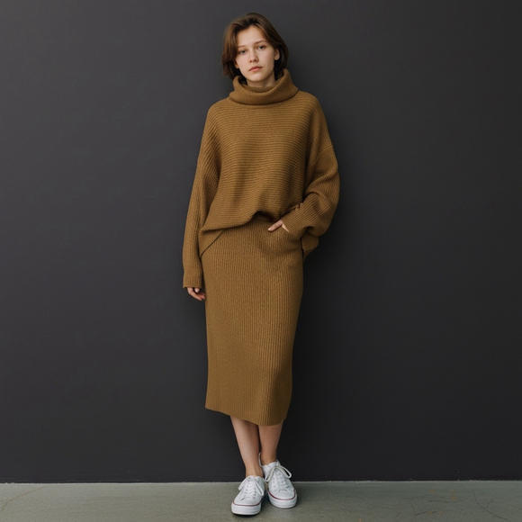 CHOU YATOU Sweaters - XXL Women's CHOU YATOU 2 pc Brown Ribbed Knit Turtleneck Sweater & Skirt Set